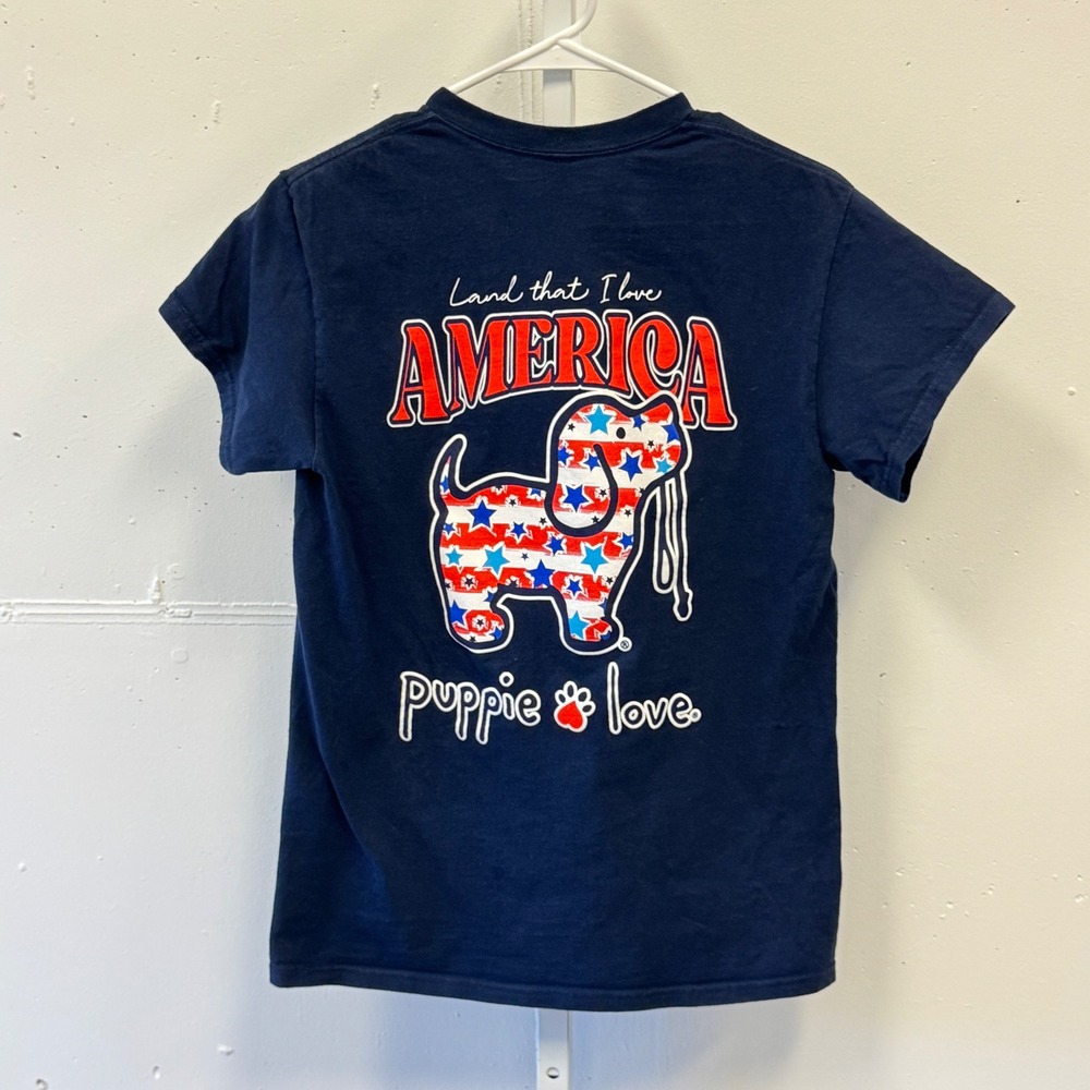 Puppie Love America Patriotic Dog Graphic T-Shirt Navy Blue Small S Unisex